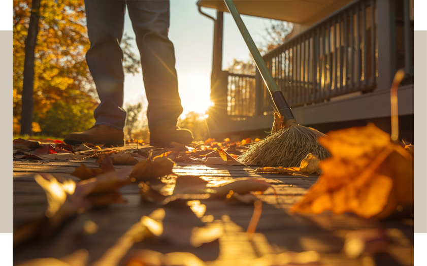 man cleaning deck covered in leaves