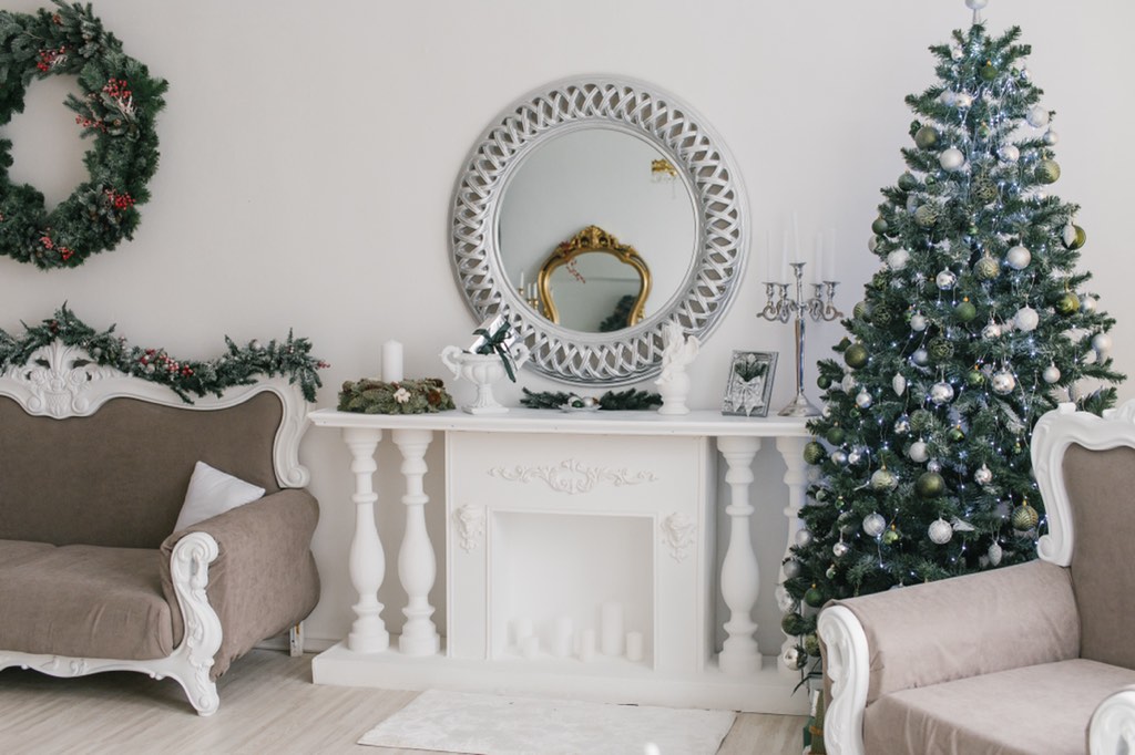 Christmas Room Decor with Christmas Tree and Grey Decorations
