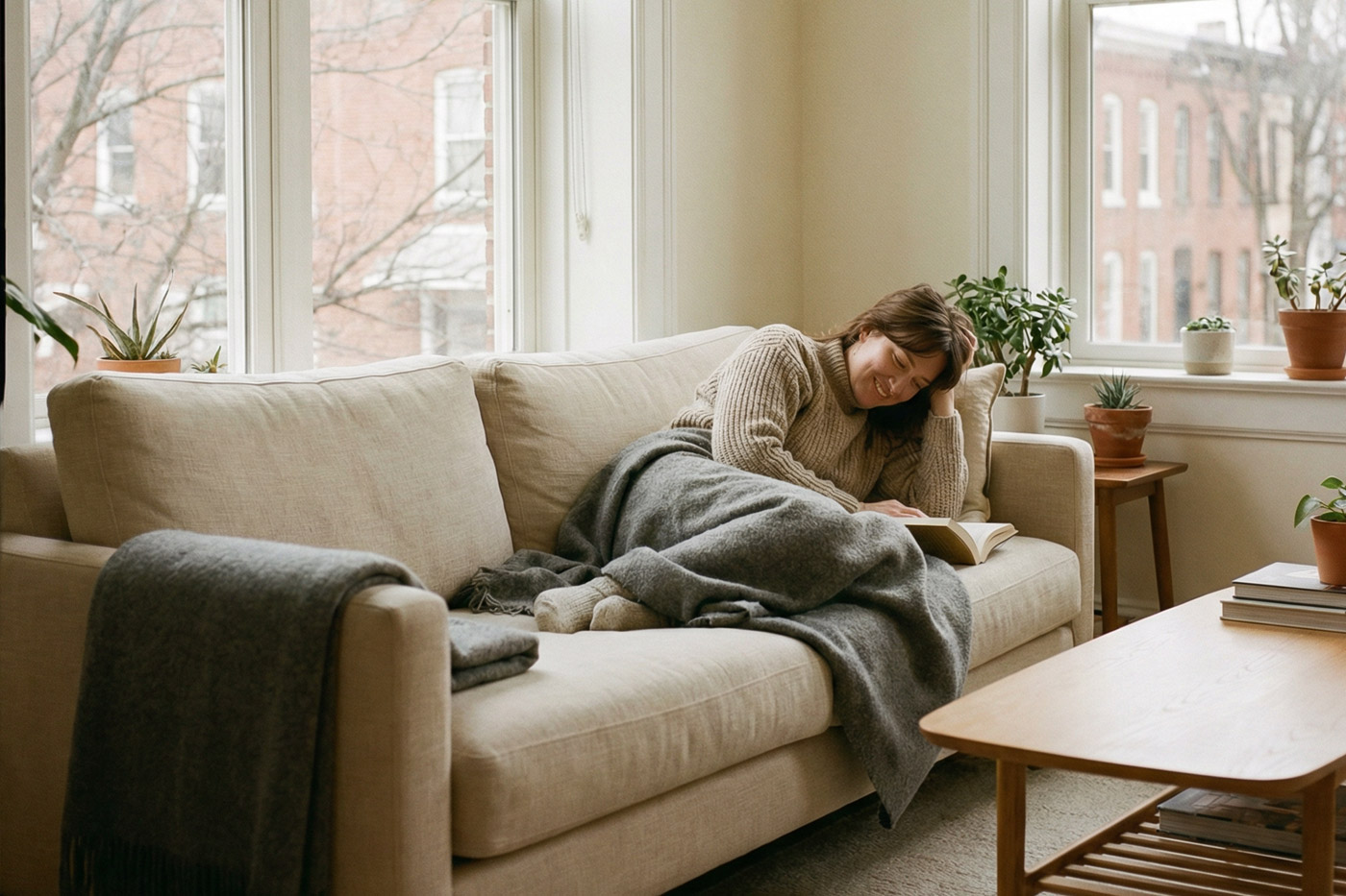 woman laying on sofa of Baltimore home reading a book