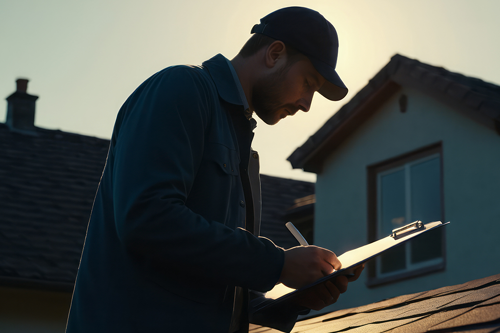 man inspecting roof of a home